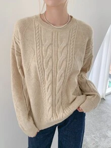 DAZY Drop Shoulder Cable Knit Jumper - Apricot - View 9