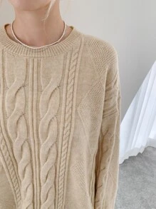 DAZY Drop Shoulder Cable Knit Jumper - Apricot - View 11