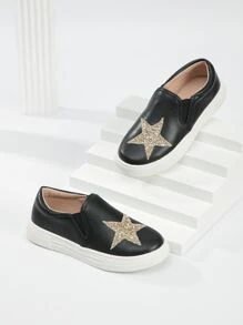 Girls Sequin Star Decor Slip On Sneakers - Black - View 1