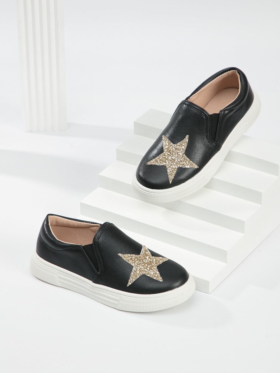 Girls Sequin Star Decor Slip On Sneakers - Black - View 1
