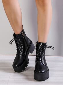 舒适短靴/靴子，黑白色，系带，粗跟，时尚秋冬鞋，女靴 - 黑色 - 查看 5