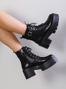 舒适短靴/靴子，黑白色，系带，粗跟，时尚秋冬鞋，女靴 - 黑色 - 查看 6