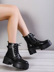 舒适短靴/靴子，黑白色，系带，粗跟，时尚秋冬鞋，女靴 - 黑色 - 查看 7
