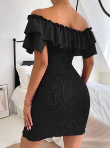 SHEIN Privé Tie Front Off Shoulder Ruffle Trim Shirred Bodycon Dress - Black - View 2