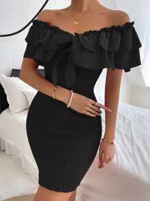 SHEIN Privé Tie Front Off Shoulder Ruffle Trim Shirred Bodycon Dress - Black - View 4