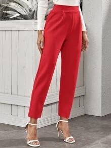 SHEIN Privé Pantalones cónicos de talle alto con bolsillo oblicuo - Rojo - Ver 3