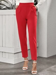 SHEIN Privé Pantalones cónicos de talle alto con bolsillo oblicuo - Rojo - Ver 4