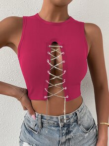SHEIN SXY Rhinestone Lace Up Front Tank Top - Hot Pink - View 5