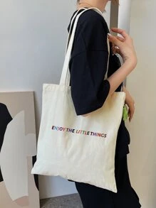 Letter Pattern Canvas Tote Bag School Bag For Graduate, Teen Girls, Freshman, Sophomore, Junior & Senior In College, University & High School, Perfect For Outdoors,Travel & Back To SchoolSchool Bag,Back To School,Large Capacity,Portable,Foldable,Classic Casual, Suitable For Teen Girls Women College Students, Perfect For Back To School,Middle School, High School,Shopping,Holiday,College - Beige - View 2