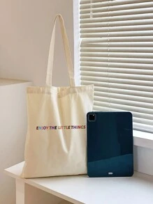 Letter Pattern Canvas Tote Bag School Bag For Graduate, Teen Girls, Freshman, Sophomore, Junior & Senior In College, University & High School, Perfect For Outdoors,Travel & Back To SchoolSchool Bag,Back To School,Large Capacity,Portable,Foldable,Classic Casual, Suitable For Teen Girls Women College Students, Perfect For Back To School,Middle School, High School,Shopping,Holiday,College - Beige - View 4