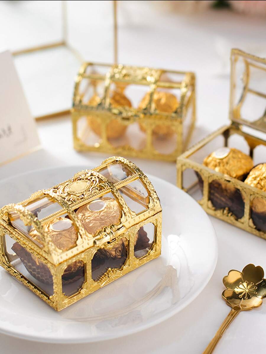 1pc Creative Storage Box, Jewelry Box, Plastic Baking Candy Packaging Box, For Packing Biscuit, Chocolate, Snack, For Wedding, Party - Gold - View 1