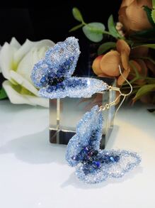 1對流行優雅對稱蝴蝶形狀女式耳環,彩色鑽石裝飾 - 藍色 - 查看 2