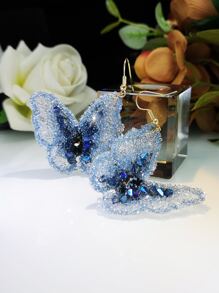 1對流行優雅對稱蝴蝶形狀女式耳環,彩色鑽石裝飾 - 藍色 - 查看 3