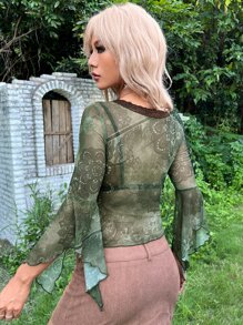 ROMWE PUNK Grunge Floral Print Split Sleeve Lettuce Trim Lace Top Without Bra