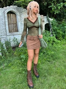 ROMWE PUNK Grunge Floral Print Split Sleeve Lettuce Trim Lace Top Without Bra