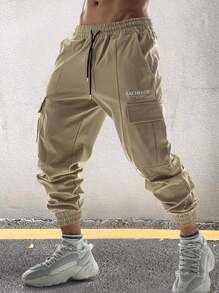 Manfinity Roughcore Men Letter Graphic Flap Pocket Drawstring Waist Cargo Trousers - Khaki - View 1