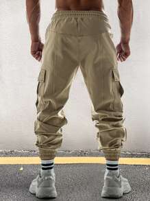 Manfinity Roughcore Men Letter Graphic Flap Pocket Drawstring Waist Cargo Trousers - Khaki - View 2