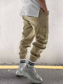 Manfinity Roughcore Men Letter Graphic Flap Pocket Drawstring Waist Cargo Trousers - Khaki - View 4