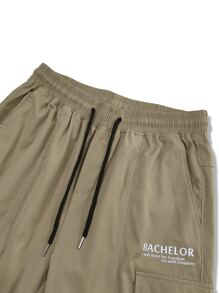 Manfinity Roughcore Men Letter Graphic Flap Pocket Drawstring Waist Cargo Trousers - Khaki - View 5