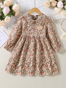 SHEIN 年輕女孩深色印花彼得潘圓領鬆緊裙裝