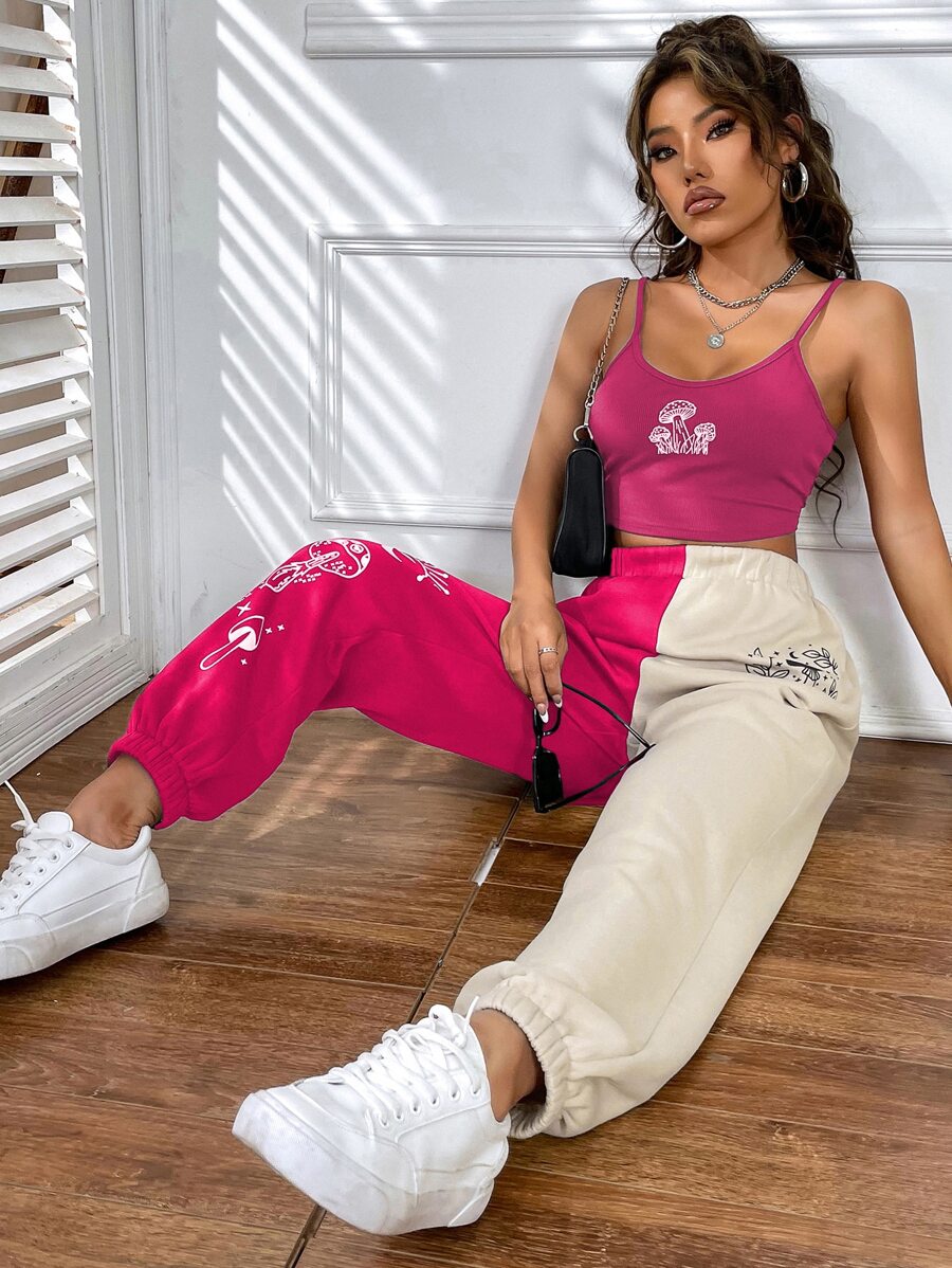 SHEIN Unity 蘑菇圖案吊帶上衣和雙色衛褲 - 彩色 - 查看 1