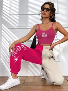 SHEIN Unity 蘑菇圖案吊帶上衣和雙色衛褲 - 彩色 - 查看 4