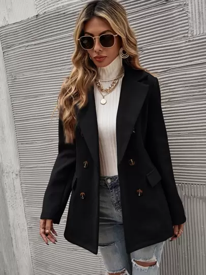 Blazer casual de mujer de unicolor, con cuello de solapa, manga larga y doble botonadura, para otoño