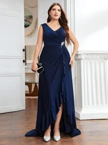 SHEIN Belle Vestido de dama de honor con diseño de diamante de imitación fruncido ribete con fruncido maxi - Azul Marino - Ver 3