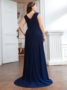 SHEIN Belle Vestido de dama de honor con diseño de diamante de imitación fruncido ribete con fruncido maxi - Azul Marino - Ver 2