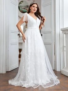 SHEIN Belle Plus Floral Embroidery Butterfly Sleeve Lace Maxi Wedding Dress - White - View 6