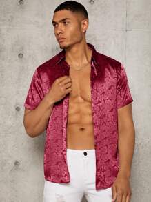 Manfinity AFTRDRK Men Random Floral Jacquard Satin Shirt - Burgundy - View 1