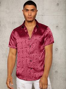 Manfinity AFTRDRK Men Random Floral Jacquard Satin Shirt - Burgundy - View 4