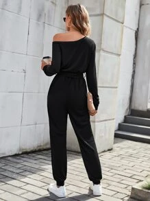 SHEIN LUNE Áo liền quần nữ Bất đối xứng Thắt lưng màu trơn Giải trí - màu đen - Xem 2