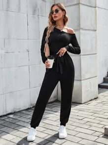 SHEIN LUNE Áo liền quần nữ Bất đối xứng Thắt lưng màu trơn Giải trí - màu đen - Xem 3