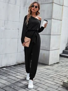 SHEIN LUNE Áo liền quần nữ Bất đối xứng Thắt lưng màu trơn Giải trí - màu đen - Xem 5