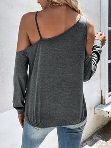 Solid Cold Shoulder Tee - Dark Grey - View 2