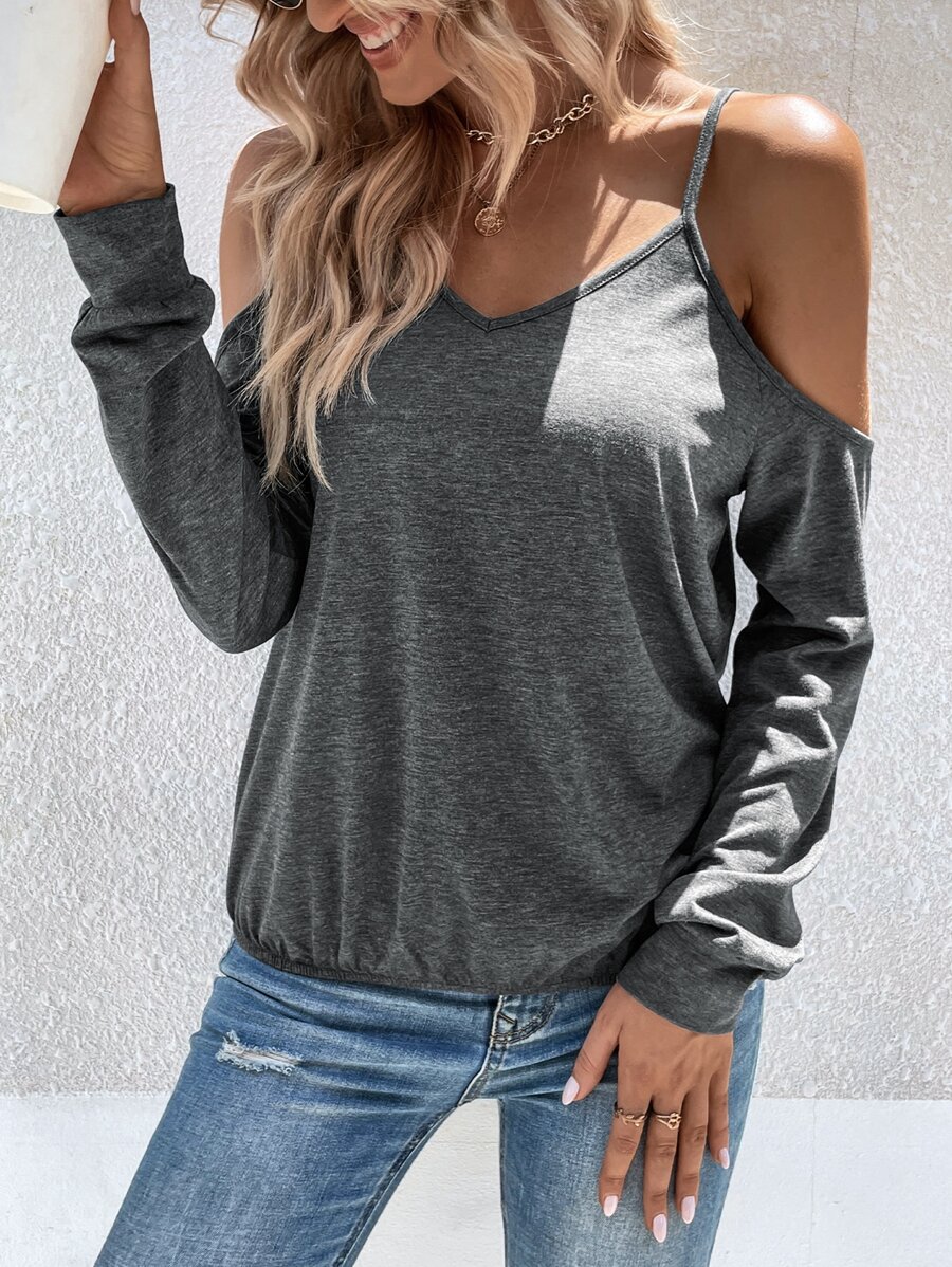 Solid Cold Shoulder Tee - Dark Grey - View 1