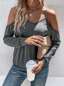 Solid Cold Shoulder Tee - Dark Grey - View 6