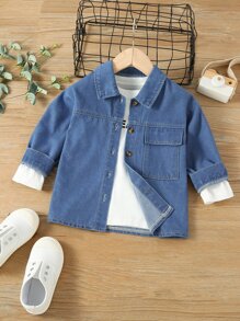小男童翻蓋口袋牛仔襯衫不帶T恤