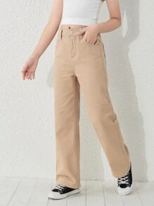 少女Y2K街头日常款弹力腰直筒牛仔裤，带平口袋，日常款 - 杏色 - 查看 3