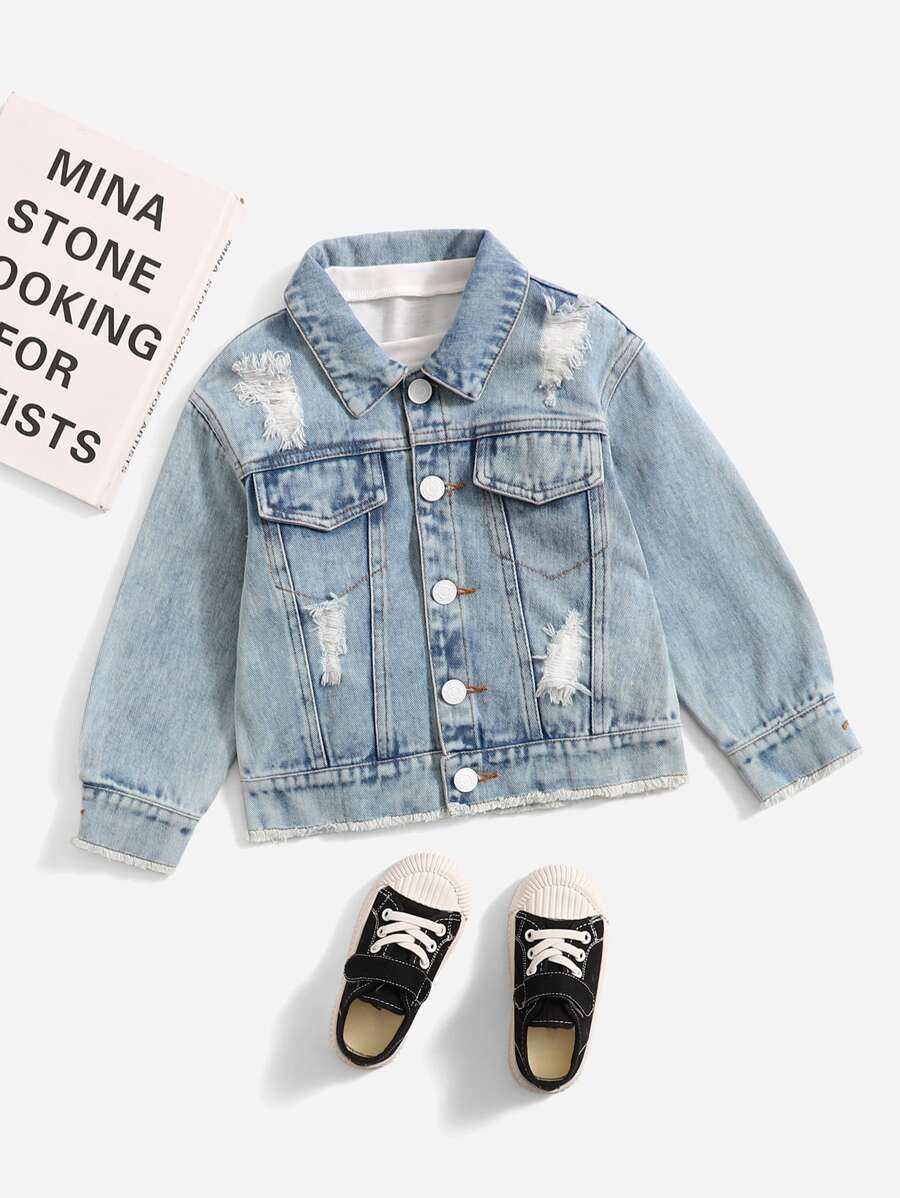 Kurtki i płaszcze dżinsowe dla małych chłopców Kieszeń Podarte Prosty Casual - Jasny jeans - Zobacz 1