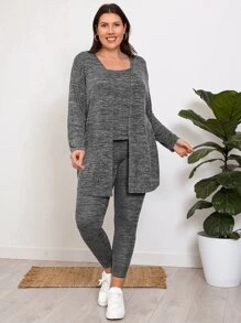 EMERY ROSE Plus Space Dye Tank Top & Leggings & Coat - Dark Grey - View 3