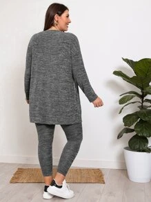 EMERY ROSE Plus Space Dye Tank Top & Leggings & Coat - Dark Grey - View 2