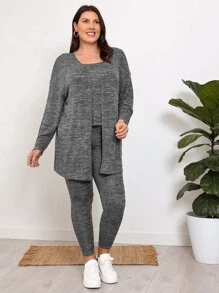 EMERY ROSE Plus Space Dye Tank Top & Leggings & Coat - Dark Grey - View 4