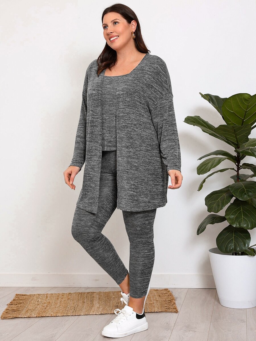 EMERY ROSE Plus Space Dye Tank Top & Leggings & Coat - Dark Grey - View 1