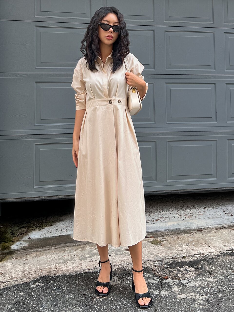 Solid Button Front Drop Shoulder Shirt Dress,Fall Clothes