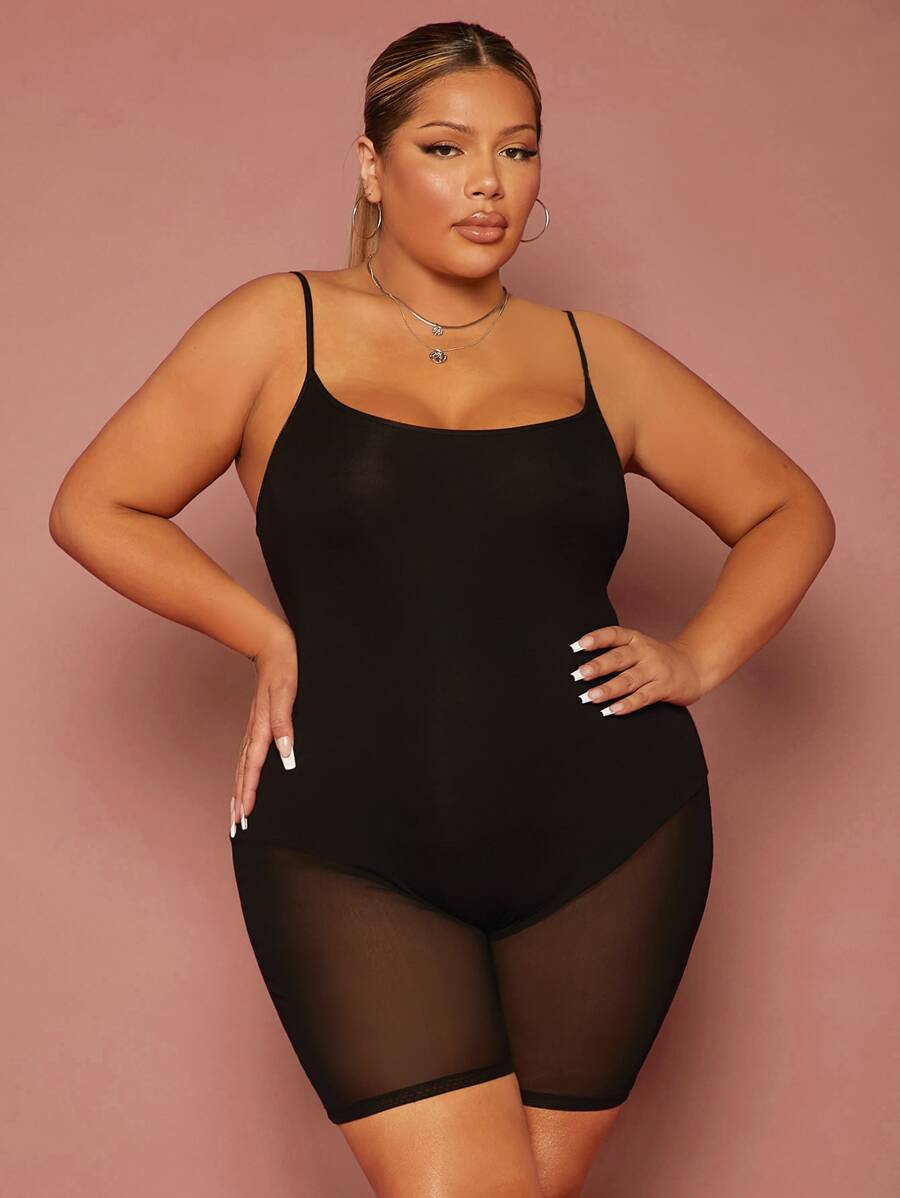 SHEIN SXY 大尺碼連身衣插入對比網格連體短身裝 - 黑色 - 查看 1