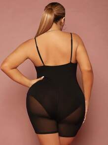 SHEIN SXY 大尺碼連身衣插入對比網格連體短身裝 - 黑色 - 查看 2