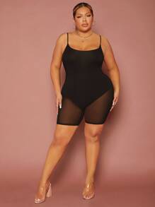 SHEIN SXY 大尺碼連身衣插入對比網格連體短身裝 - 黑色 - 查看 3