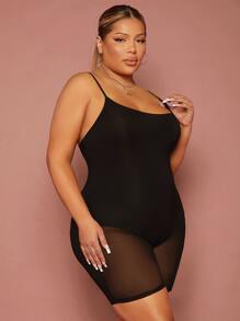 SHEIN SXY 大尺碼連身衣插入對比網格連體短身裝 - 黑色 - 查看 5